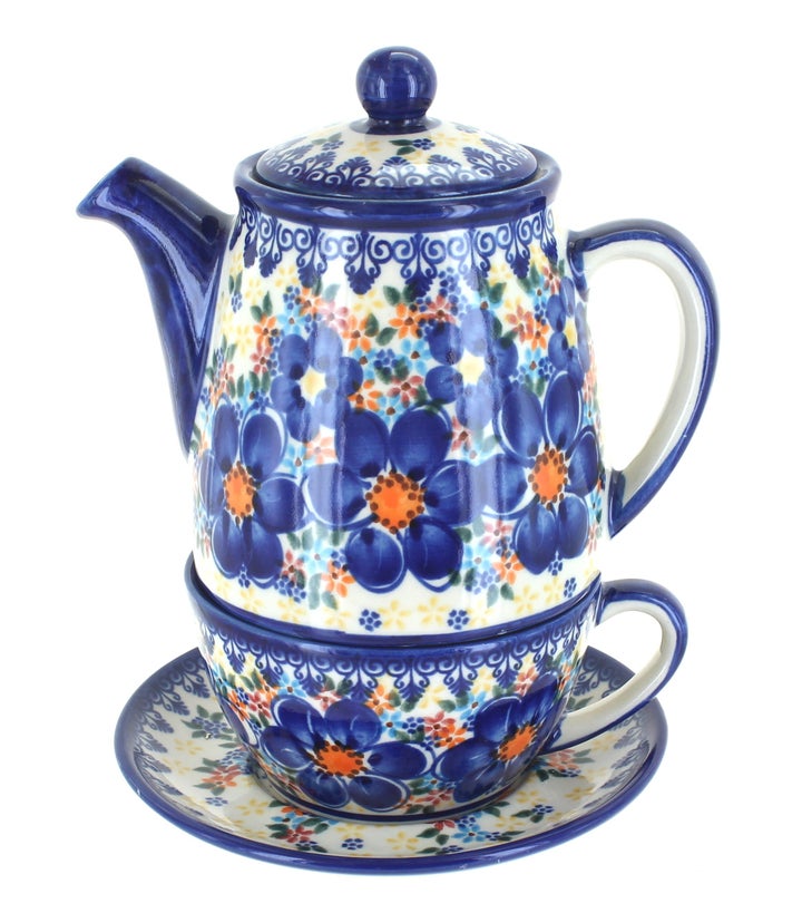 Vena Blue Dahlia Teapot — Polish Pottery