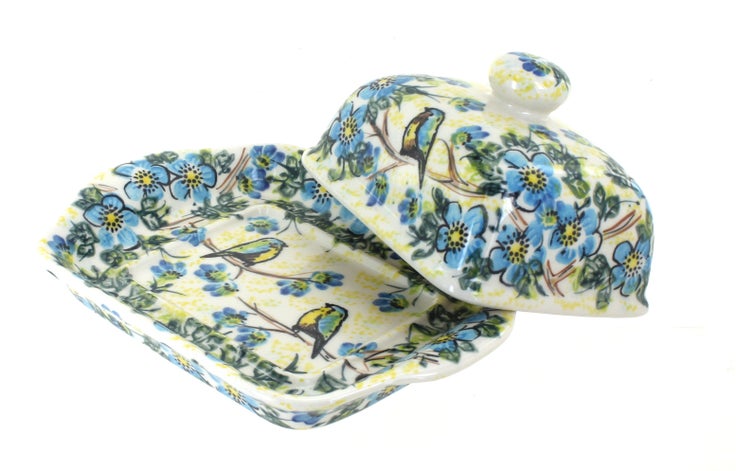 Detail image of Vena Bluebird Garden Butter Dish — Polish Pottery