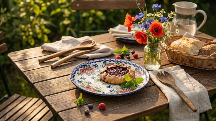 Detail image of WR Unikat Cherry Red Bouquet Dining Plates & Bowls — Polish Pottery