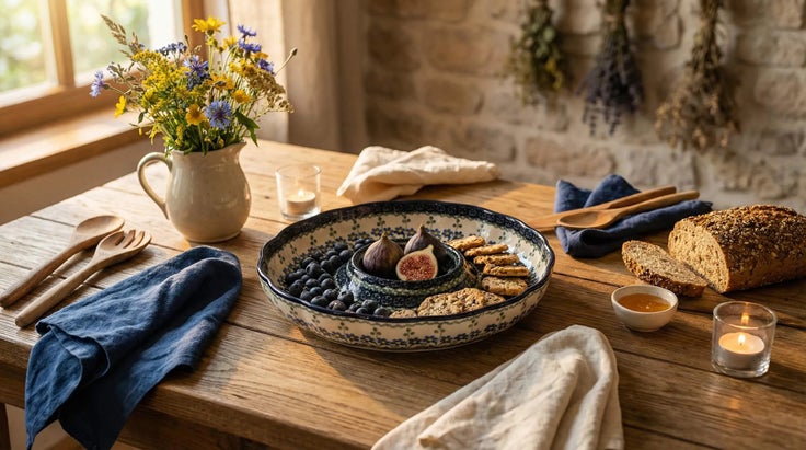 Detail image of Ceramika Artystyczna Blue Posy Large Serving Piece — Polish Pottery