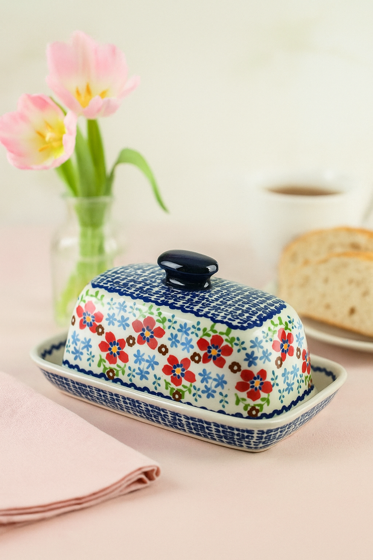 Detail image of Manufaktura Red Poppy Butter Dish — Polish Pottery