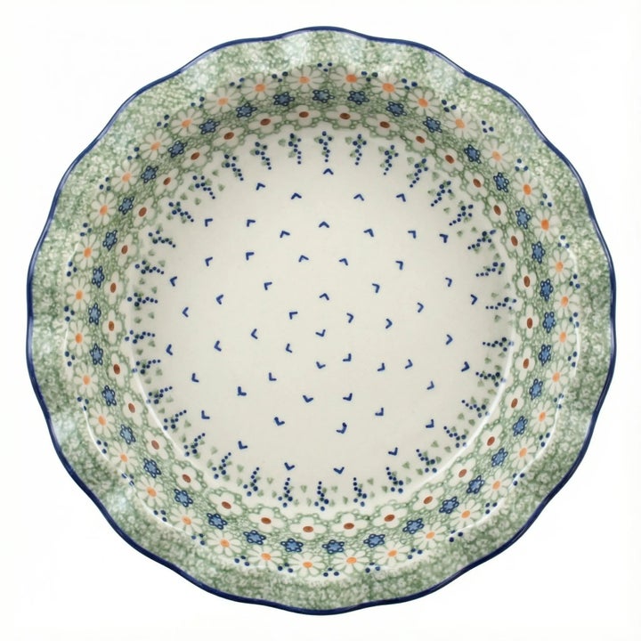 Manufaktura Green Daisy Pie Plate — Polish Pottery
