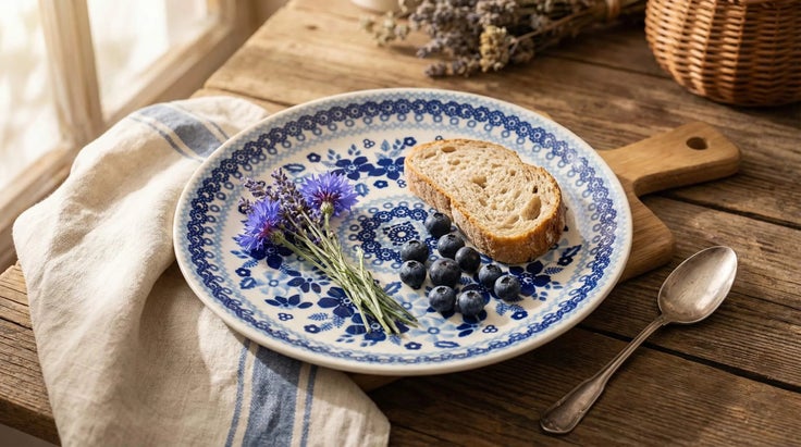 Detail image of Manufaktura Vintage Blue Daisy Dining Plates & Bowls — Polish Pottery