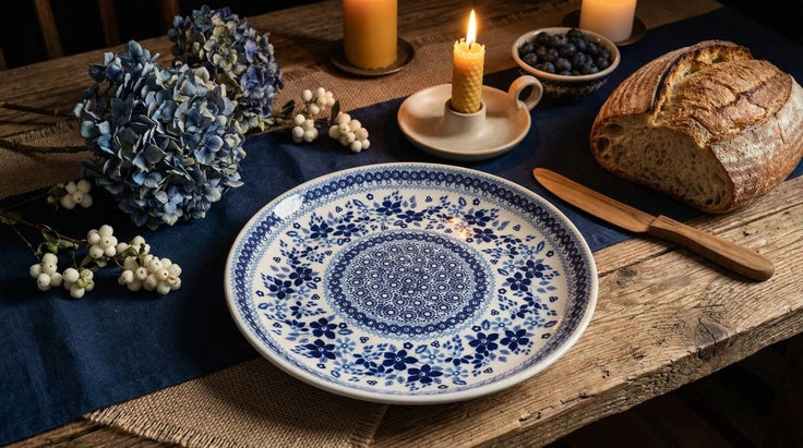 Detail image of Manufaktura Vintage Blue Daisy Dining Plates & Bowls — Polish Pottery