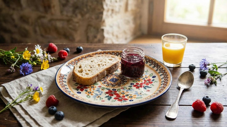Detail image of Manufaktura Red Daisy Dining Plates & Bowls — Polish Pottery