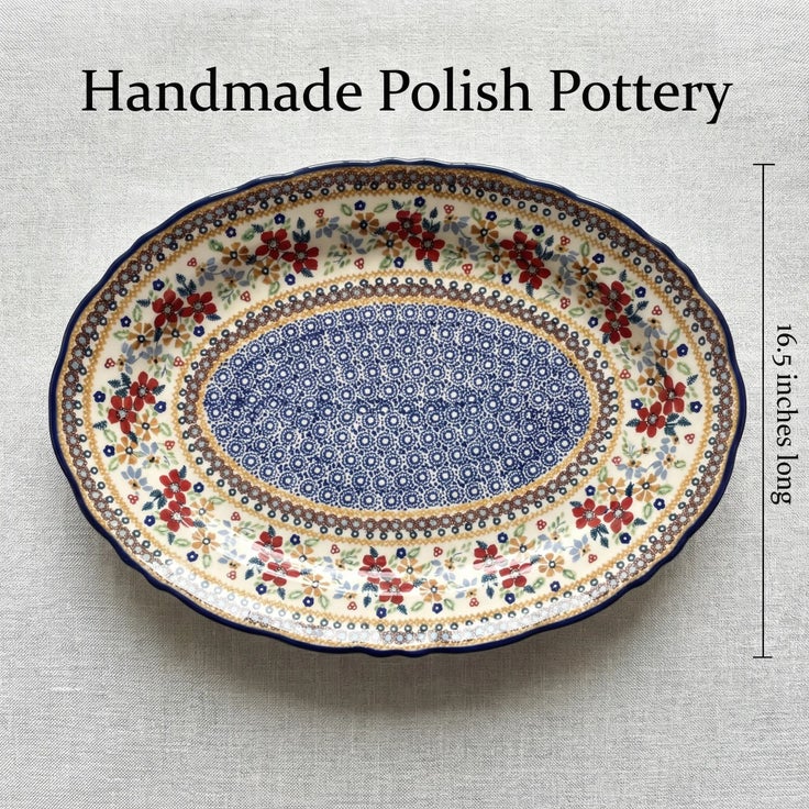 Detail image of Manufaktura Red Daisy Large Serving Piece — Polish Pottery