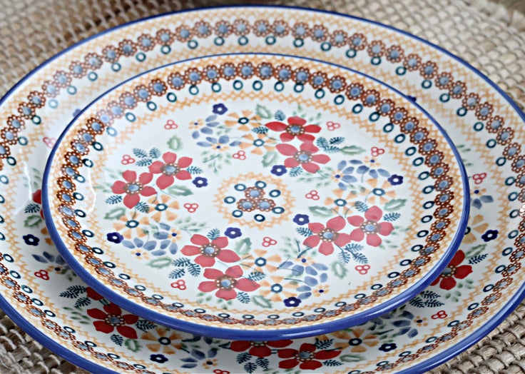 Detail image of Manufaktura Red Daisy Dining Plates & Bowls — Polish Pottery