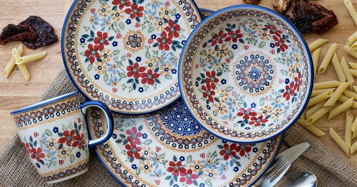 Manufaktura Red Daisy Dining Plates & Bowls — Polish Pottery