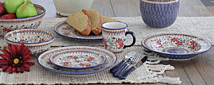 Manufaktura Red Daisy Dining Plates & Bowls — Polish Pottery