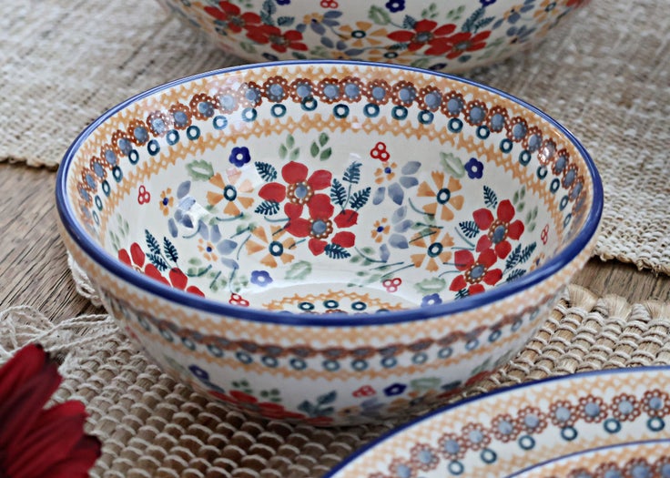 Detail image of Manufaktura Red Daisy Dining Plates & Bowls — Polish Pottery