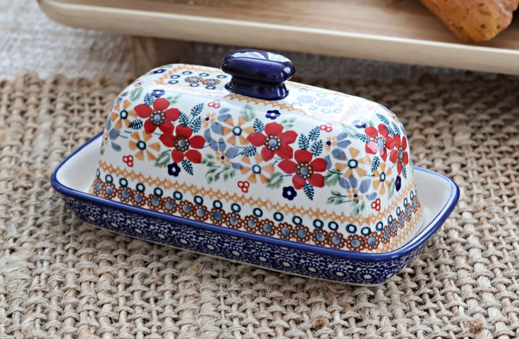 Detail image of Manufaktura Red Daisy Butter Dish — Polish Pottery