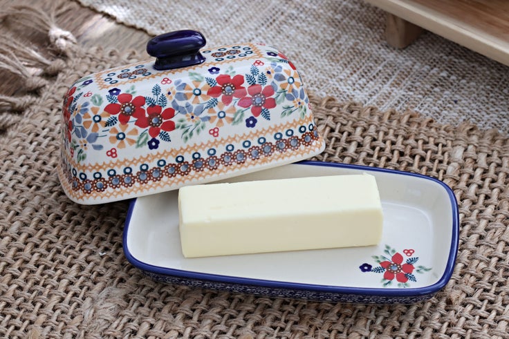 Detail image of Manufaktura Red Daisy Butter Dish — Polish Pottery
