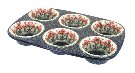 Ceramika Artystyczna Peach Posy Muffin Pan — Polish Pottery