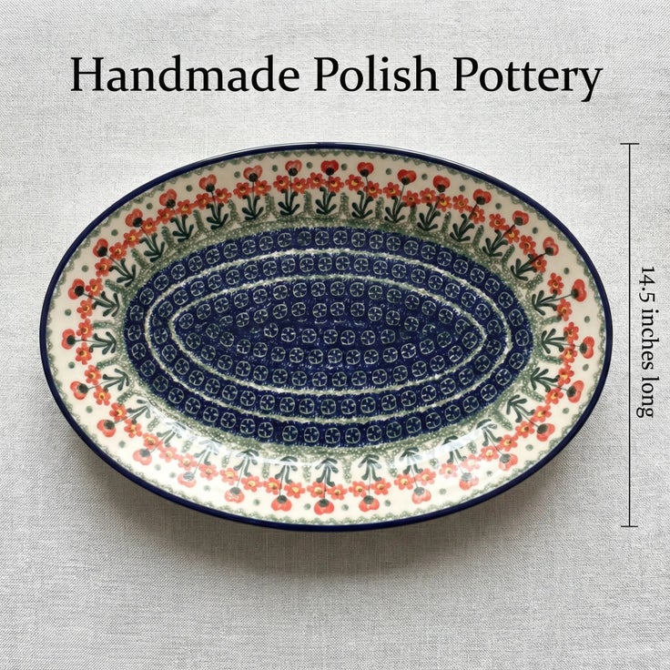 Detail image of Ceramika Artystyczna Peach Posy Large Serving Piece — Polish Pottery