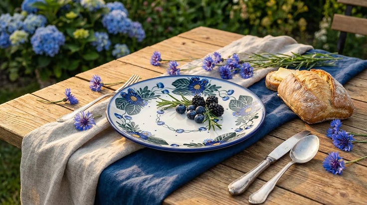 Detail image of WR Unikat Forget Me Not Dining Plates & Bowls — Polish Pottery