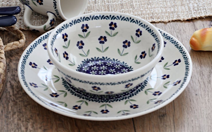 Detail image of Manufaktura Blue Daisy Dining Plates & Bowls — Polish Pottery