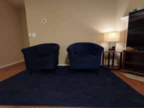 Customer photo for review titled "Very beautiful lattice blue rug"