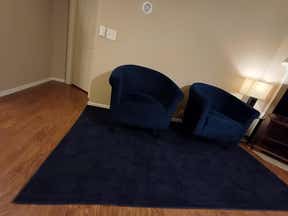 Customer photo for review titled "Very beautiful lattice blue rug"