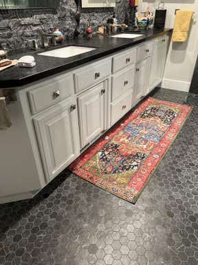 Customer photo for review titled "Outdoor Rugs in a Bathroom; Why Not?"