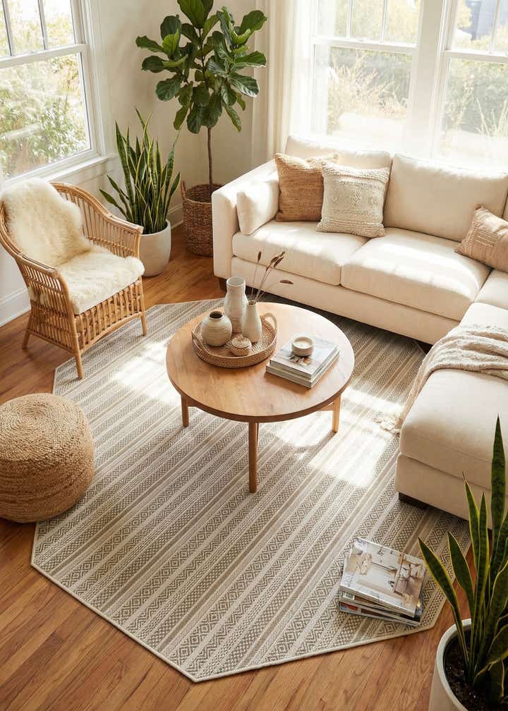 7' 10 x 7' 10 Easy-Clean Striped Indoor / Outdoor Octagon Rug