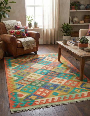 3' 4 x 4' 9 Hand Woven Kilim Maymana Wool Rug