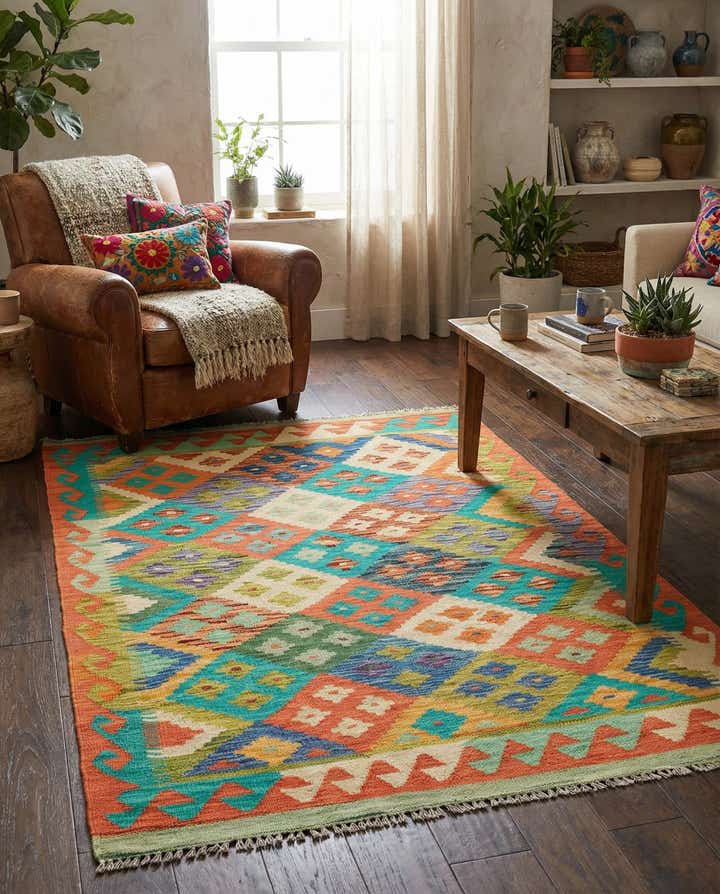 3' 4 x 4' 9 Hand Woven Kilim Maymana Wool Rug