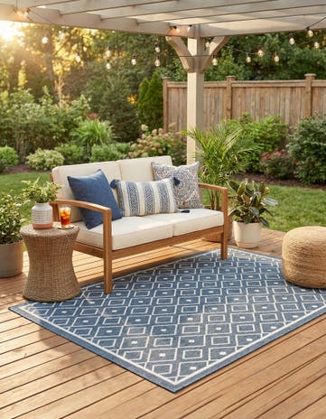 Navy Blue Easy-Clean Lattice Indoor / Outdoor Rug