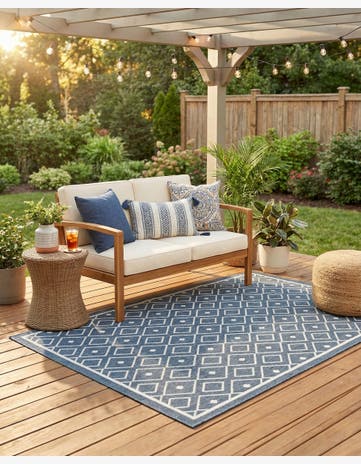 Navy Blue Easy-Clean Lattice Indoor / Outdoor Rug
