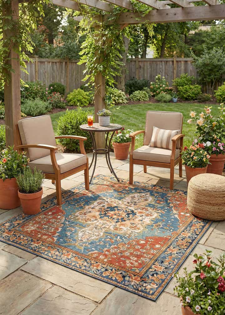 7' 10 x 7' 10 Easy-Clean Traditional Indoor / Outdoor Square Rug