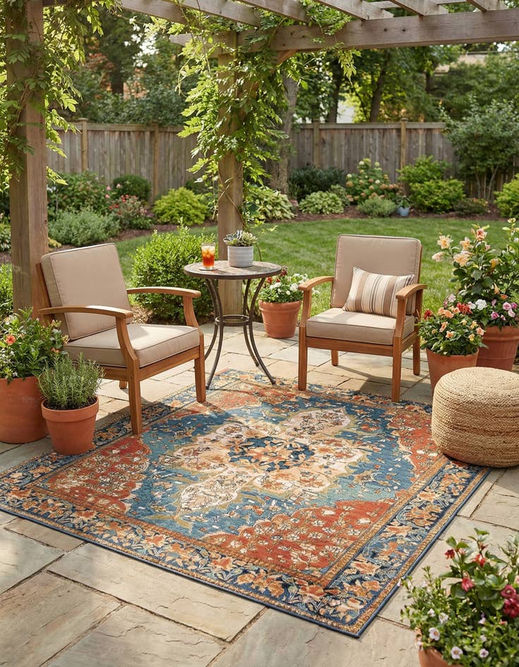 Detail image of 7' 10 x 7' 10  Washable Traditional Indoor / Outdoor Square Rug
