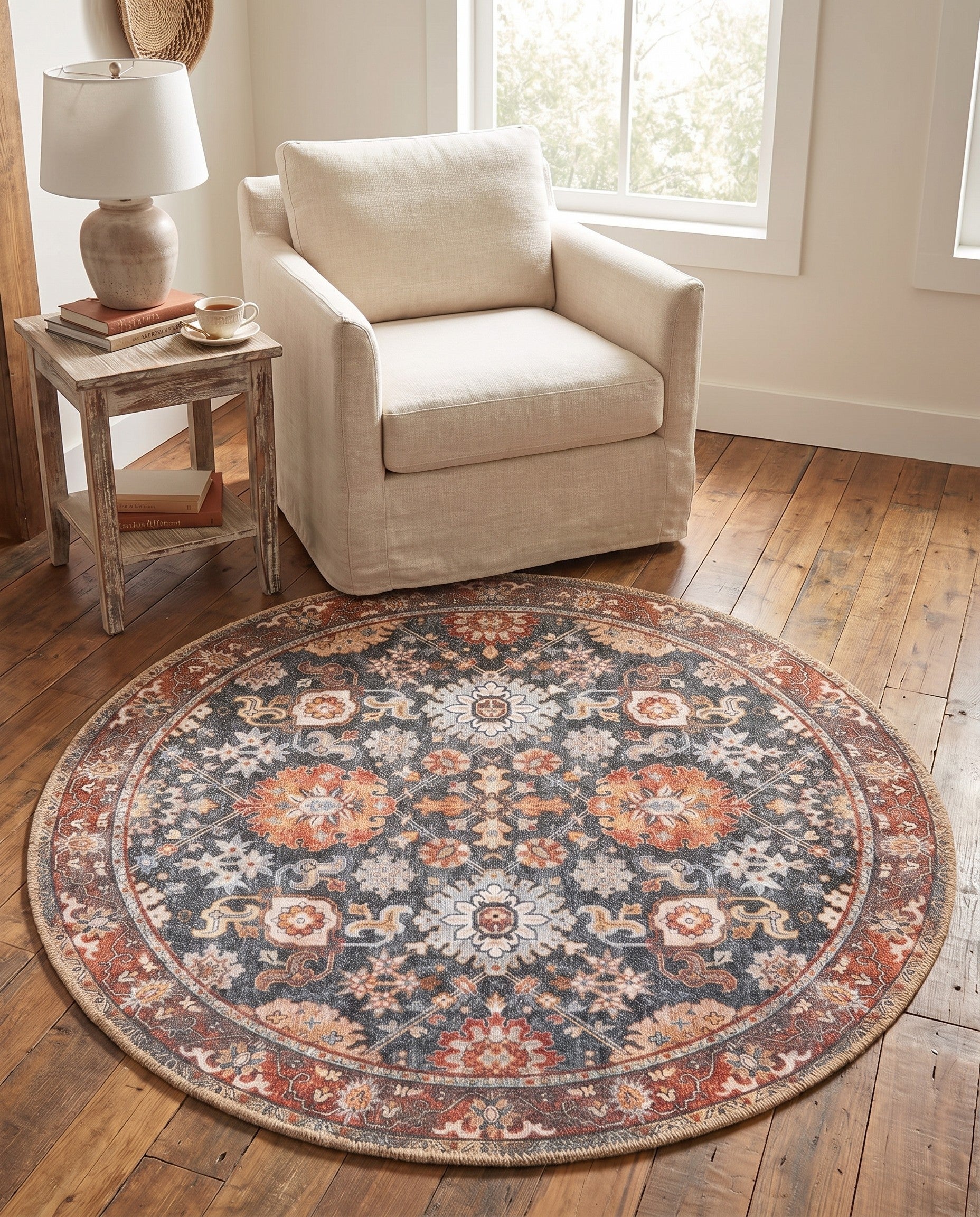 Navy Blue Washable Timeless Round Rug