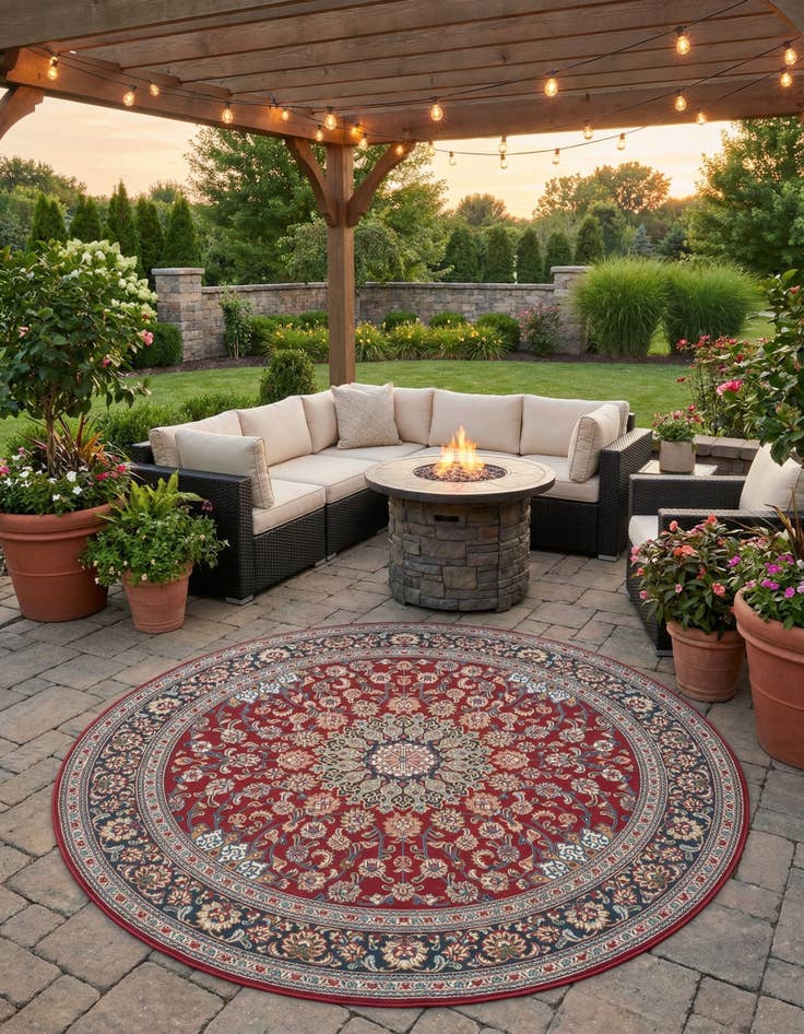Detail image of 7' 10 x 7' 10  Washable Traditional Indoor / Outdoor Round Rug