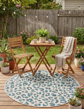 Teal Easy-Clean Safari Indoor / Outdoor Round Rug