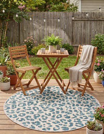 Teal Easy-Clean Safari Indoor / Outdoor Round Rug