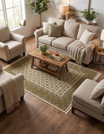 Ivory and Green Nain Design Rug