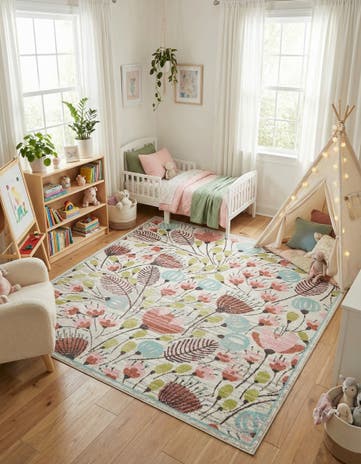 Ivory Flowers Whimsy Kids Square Rug