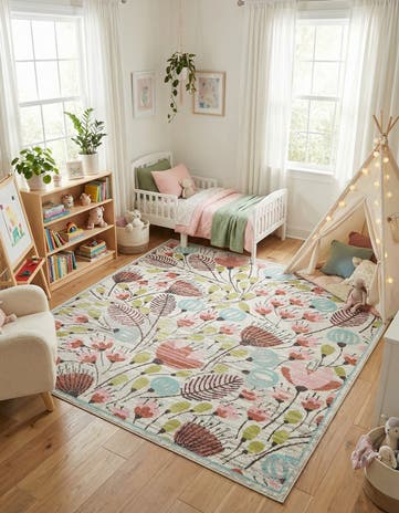 Ivory Flowers Whimsy Kids Square Rug
