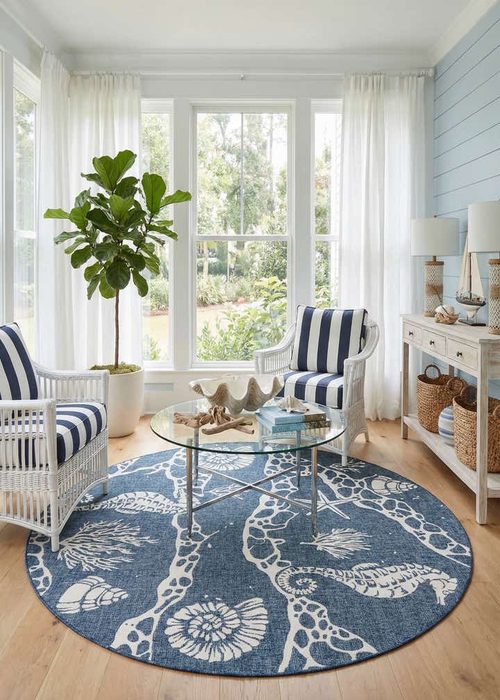 7' 10 x 7' 10 Easy-Clean Coastal Indoor / Outdoor Round Rug