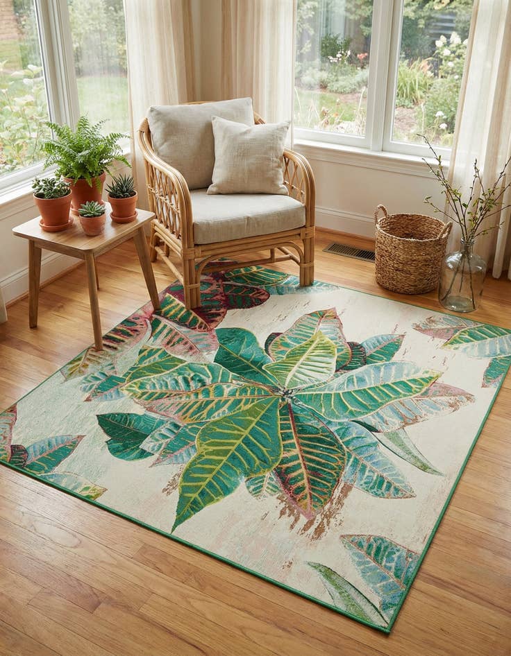 Detail image of 7' 10 x 7' 10  Washable Botanical Indoor / Outdoor Square Rug