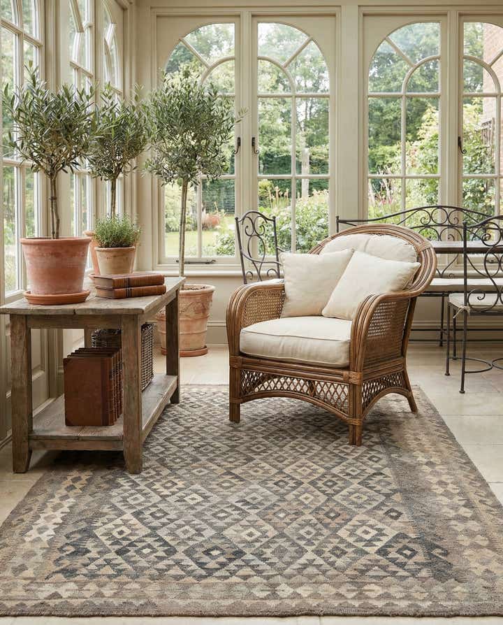 6' 8 x 9' 8 Hand Woven Kilim Maymana Wool Rug