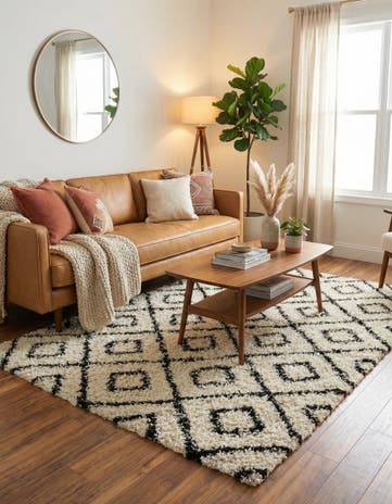 White and Black Lattice Shag Rug