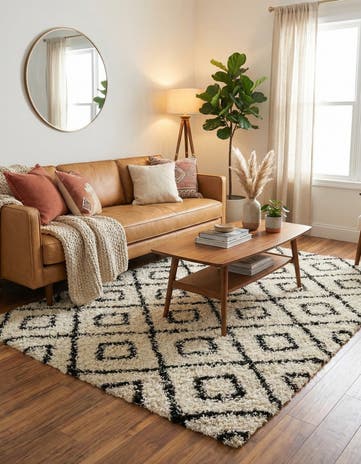 White and Black Lattice Shag Rug