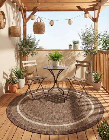 Brown Easy-Clean Border Indoor / Outdoor Round Rug