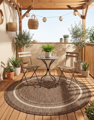 Brown Easy-Clean Border Indoor / Outdoor Round Rug