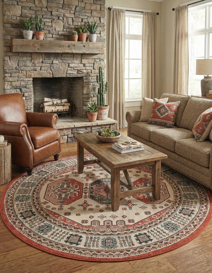 Detail image of 7' 10 x 7' 10 Easy-Clean Traditional Indoor / Outdoor Round Rug