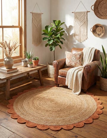 5' 1 x 5' 1 Handmade Scallop Braided Jute Round Rug