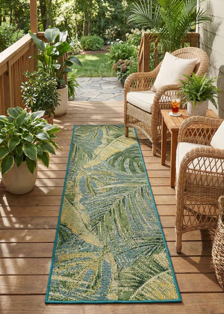 Green Blue 60cm x 185cm Easy-Clean Botanical Indoor / Outdoor Runner Rug | AU Rugs