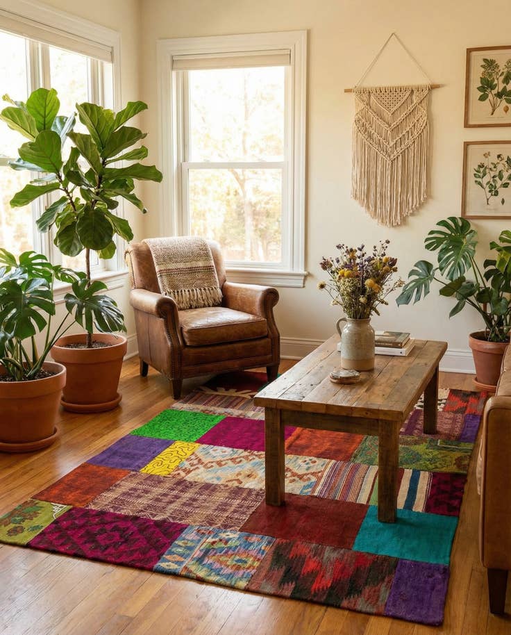 Detail image of 4' 8 x 6' 8 Hand Woven Kilim Patchwork Wool Rug