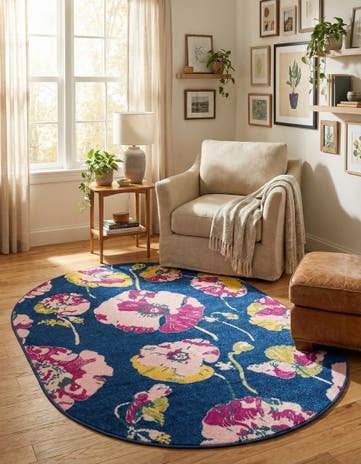 Navy Blue Bloom Oval Rug