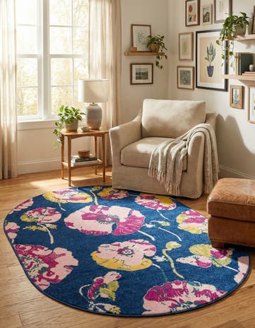 Navy Blue Bloom Oval Rug